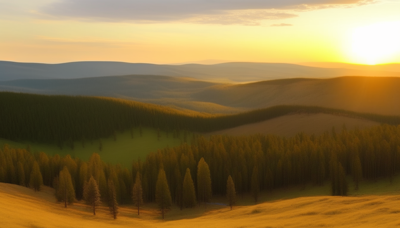 a wide vista showing rolling hills covered with pine trees beneath the golden light of the setting sun in Siberia