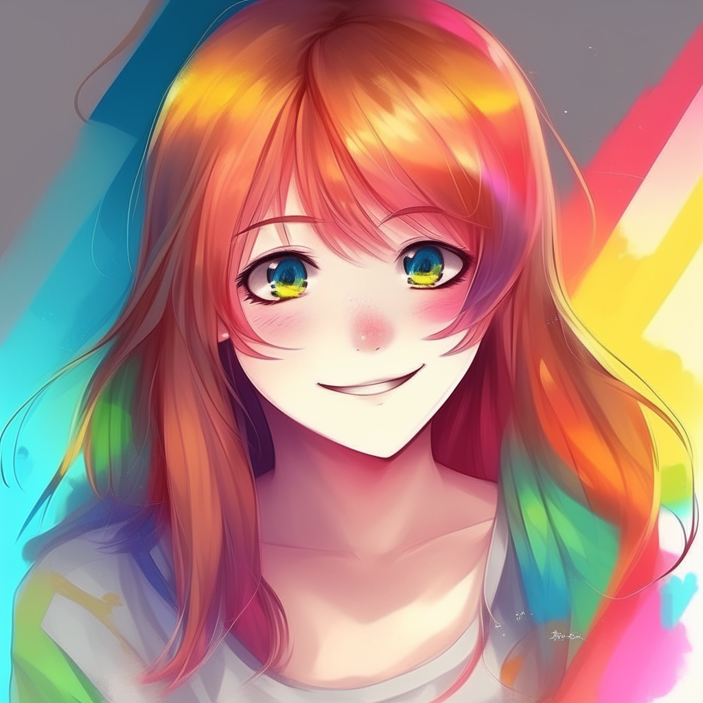 Create me beautiful anime girl with different colours and smile 