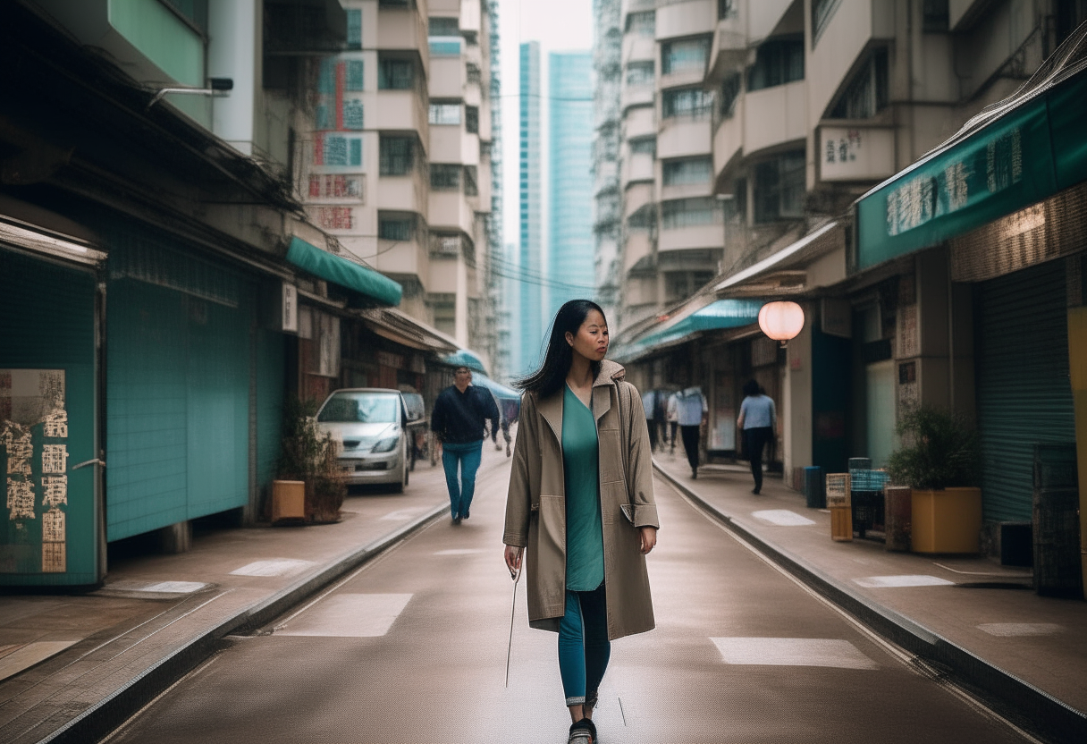 a woman walk on HONGKONG street