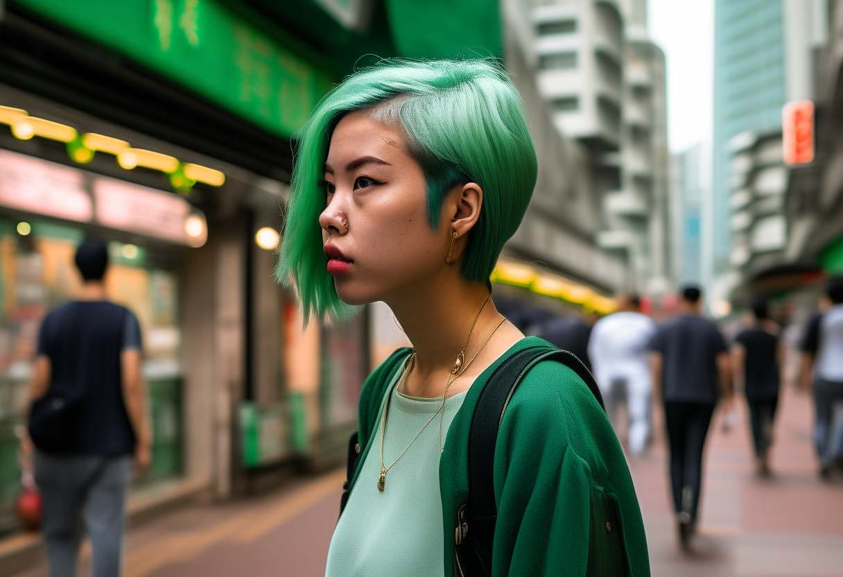 
A woman with green hair is walking on the streets of Hong Kong.