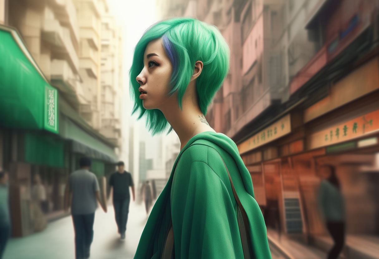 A woman with green hair is walking on the streets of Hong Kong. pretty, soft render, Regionalism, centered composition