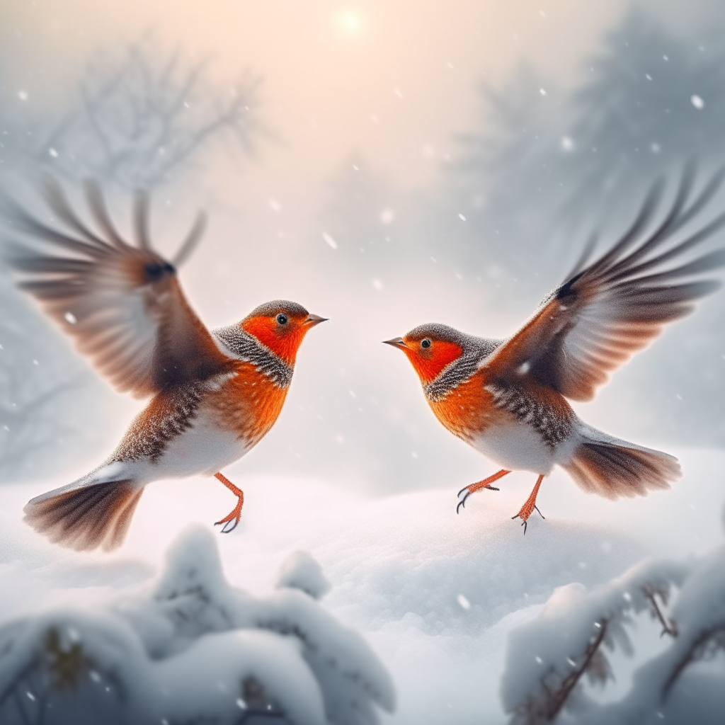 TWO ROBIN REDBREST BIRDS FLYING THROUGH SNOW