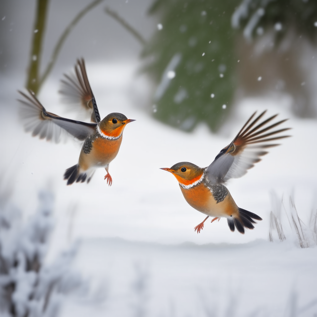 TWO ROBIN REDBREST BIRDS FLYING THROUGH SNOW