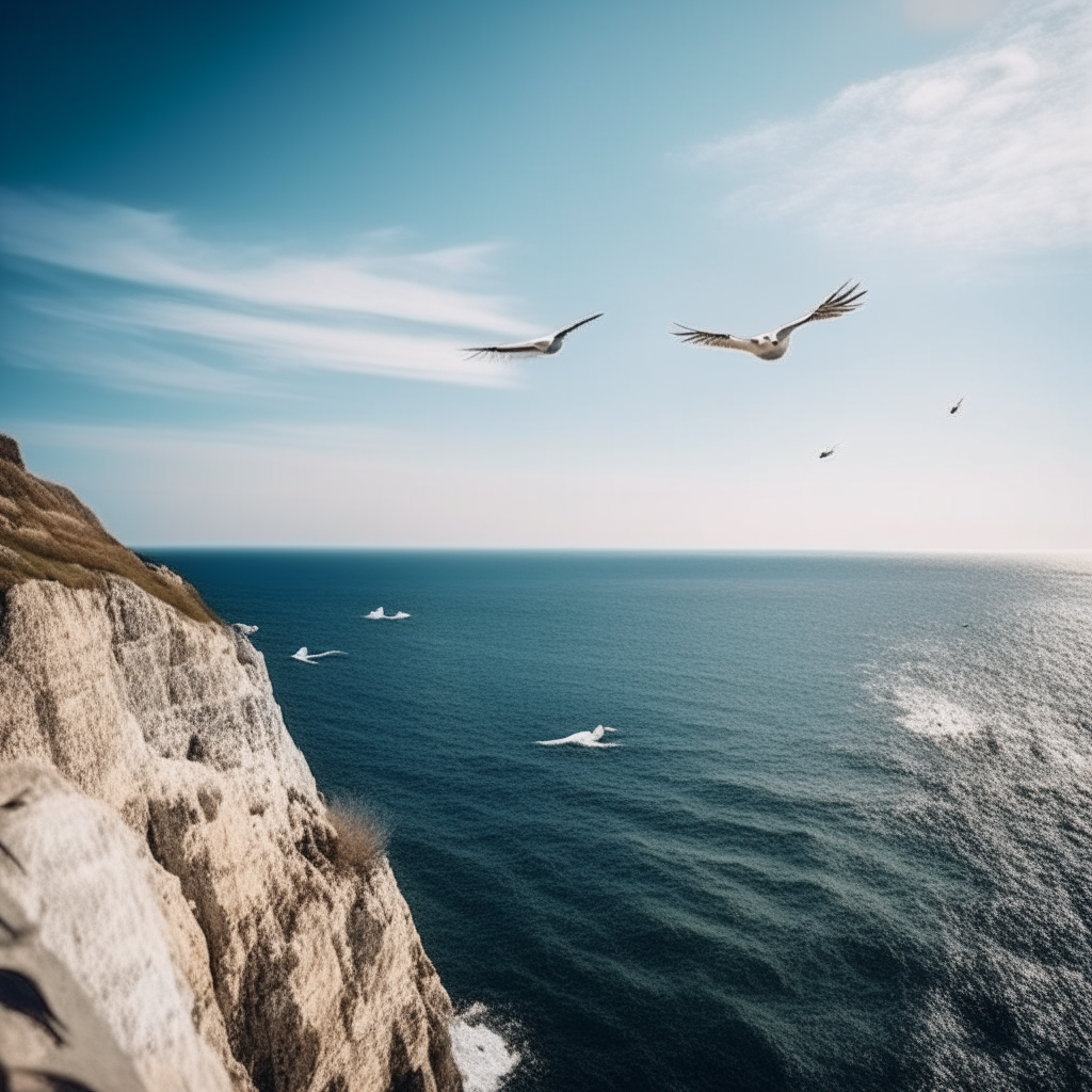 seagulls flying over high cliff by the sea on a clear sunny day
