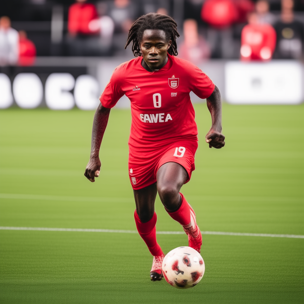 soccer player Eduardo Camavinga dribbling the ball down the left side of the field, wearing his Rennes kit