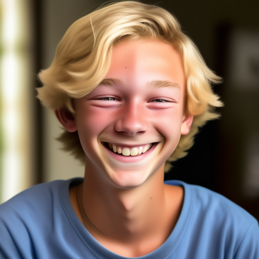 a teenage boy with short blond hair and brown eyes called kai, smiling while wearing a blue t-shirt