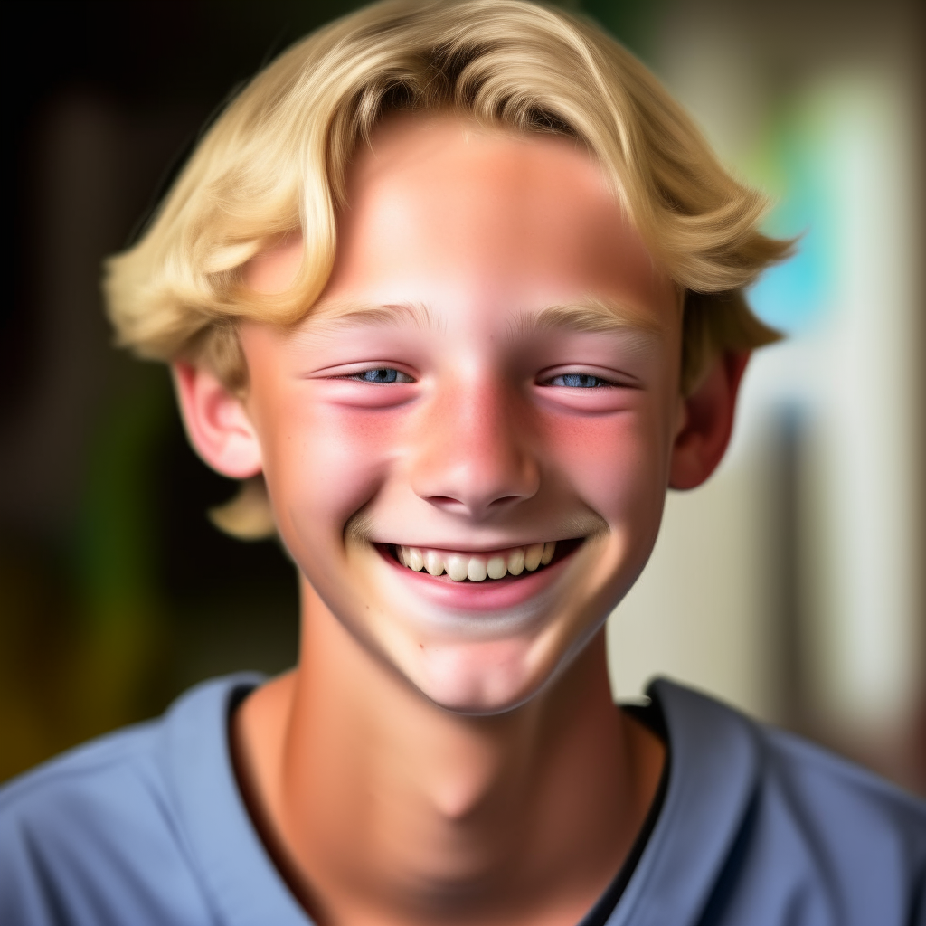 a close up of a teenage boy with short blond hair and brown eyes called kai, smiling while wearing a fitted blue polo shirt