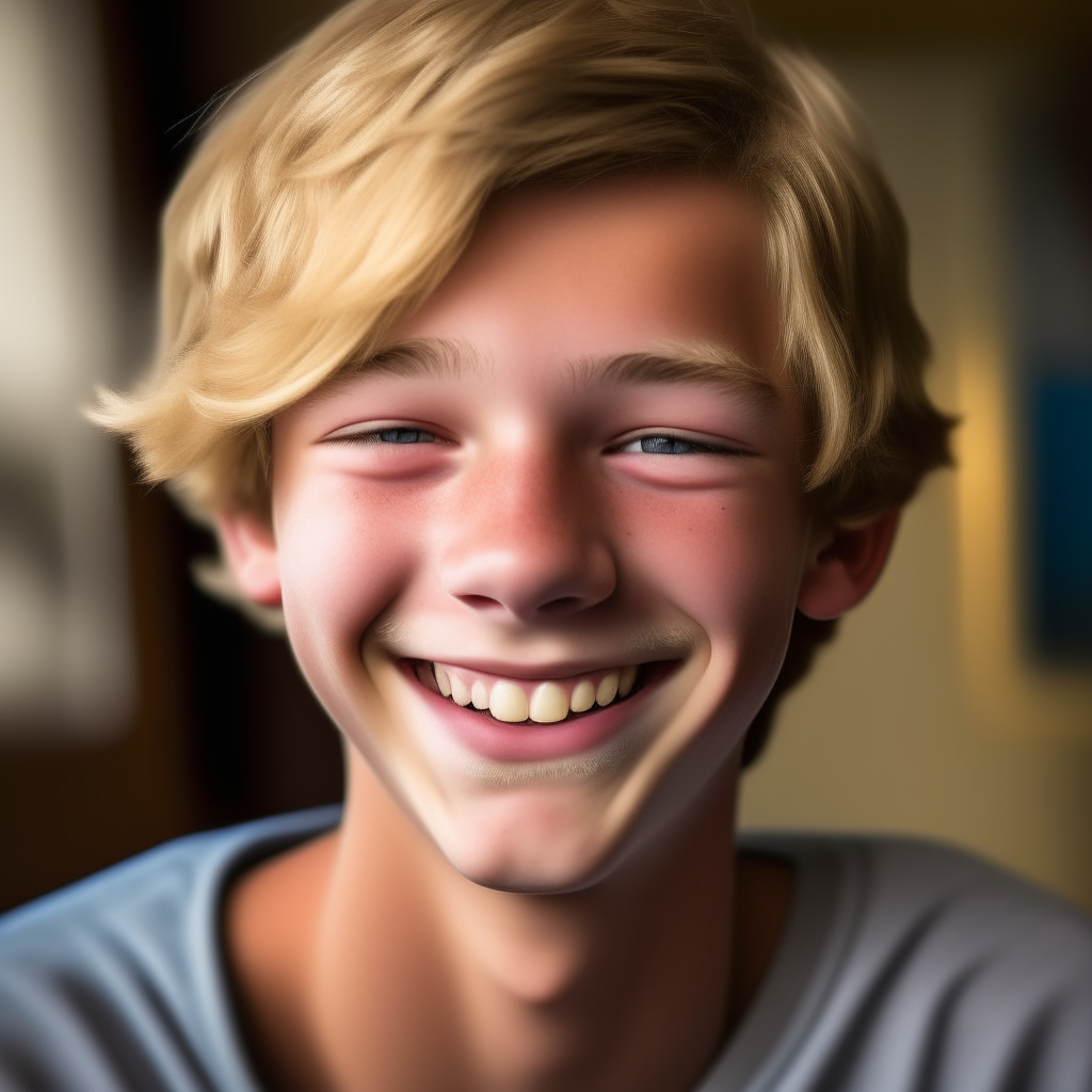 a close up of a teenage boy with a rounder face, short darker blond hair that is brushed to one side and brown eyes called kai, smiling