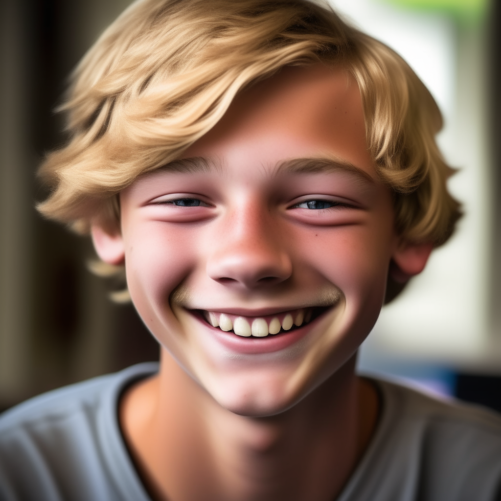 a close up of a teenage boy with short, neatly combed darker blond hair and brown eyes called kai, smiling