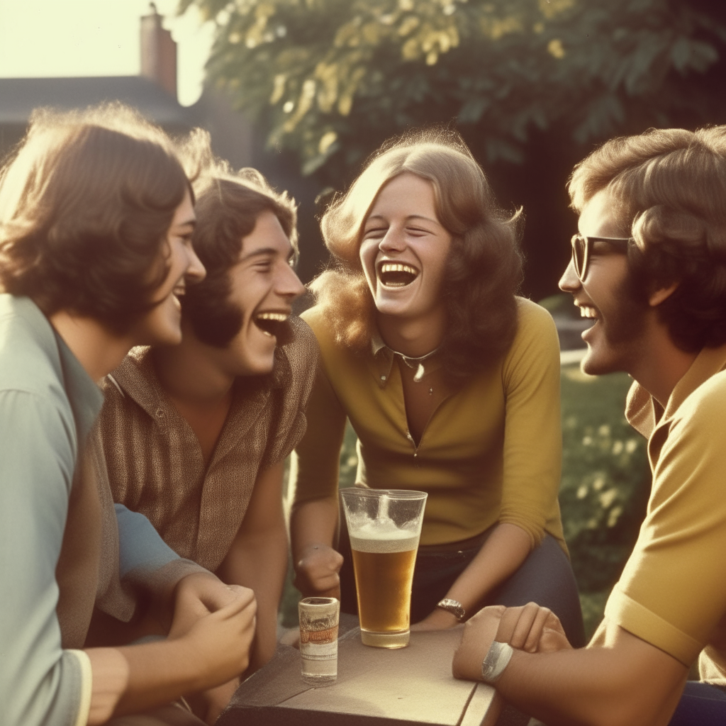 a group of friends laughing and drinking beer outdoors on a sunny afternoon in the 1970s, photorealistic portrait