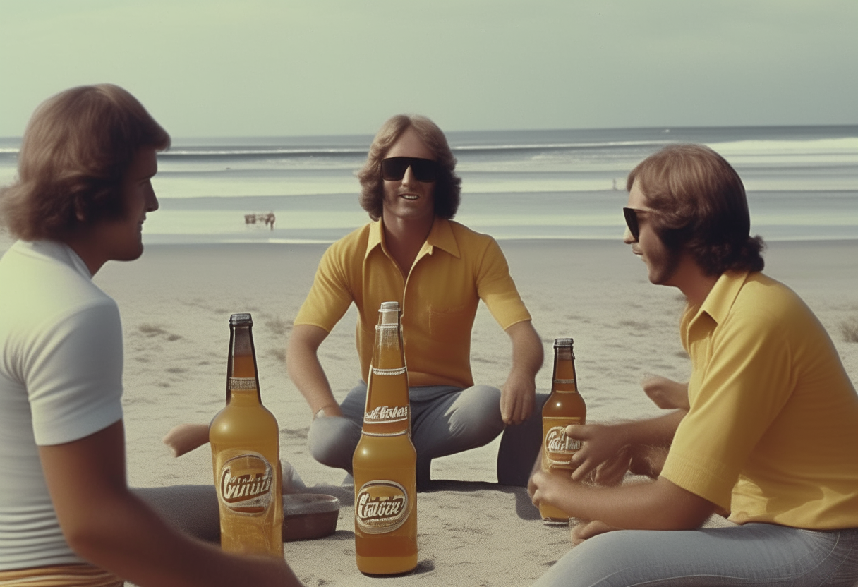 1970s style beer commercial at the beach