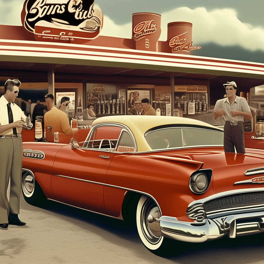 A 1950s style beer commercial with hot rods