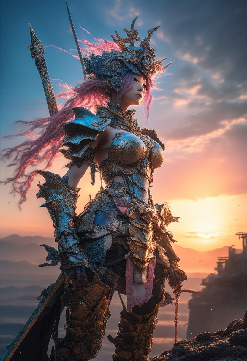 Anime warrior. pixiv, lovely, award winning photography, masterpiece, futuristic, award winning photography, Superflat, ancientadd some more details and make her look like a real warrior like a Japanese style