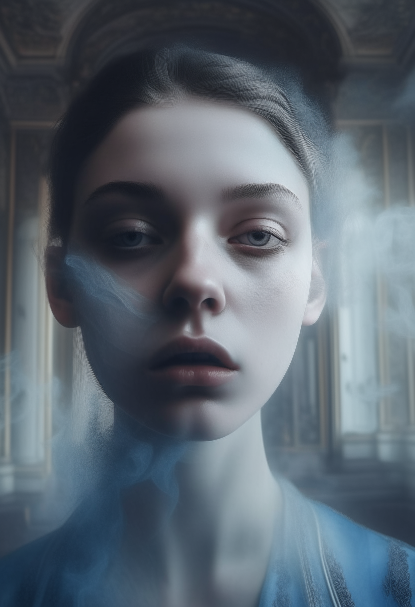 A clear and complete picture of a woman with a white, thin face, tears in her eyes, and a blue color in her eyes, in a palace, with smoke moving and rising behind her. 