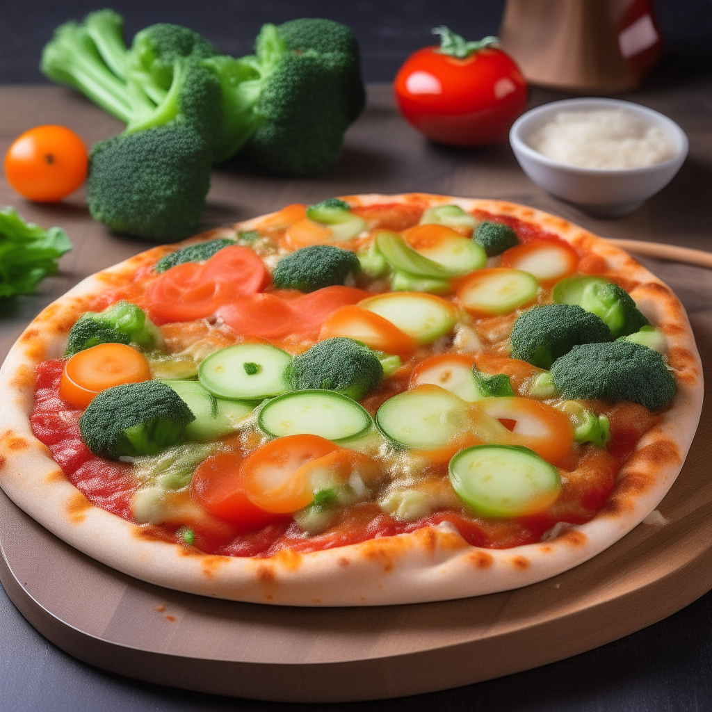 a small whole wheat pizza base with tomato sauce, mozzarella cheese, thinly sliced bell peppers, broccoli and zucchini on top, a colorful and healthy veggie pizza for kids