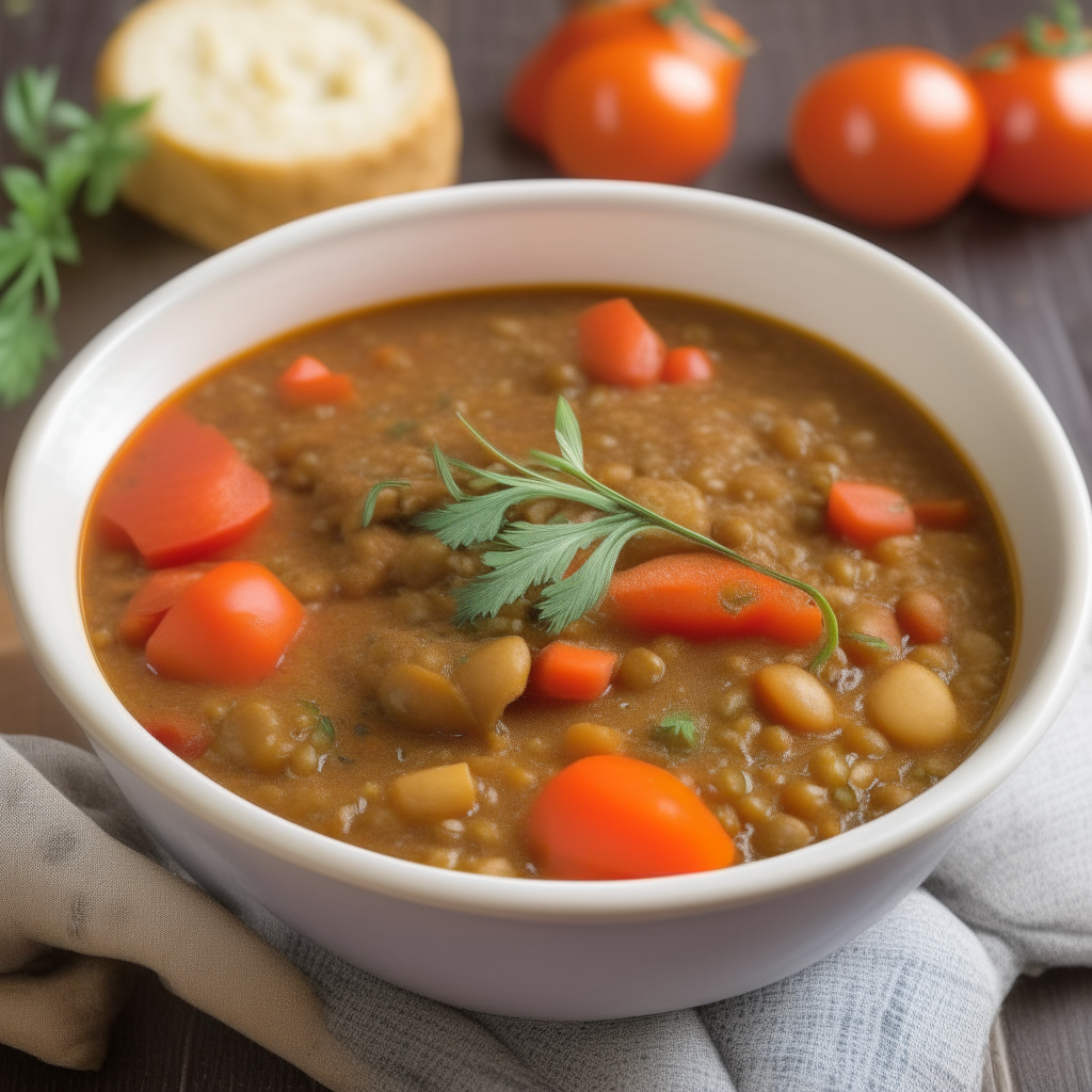 a bowl of lentil and vegetable stew, with carrots, potatoes, tomatoes, and green beans in a tomato broth, a healthy meal for children