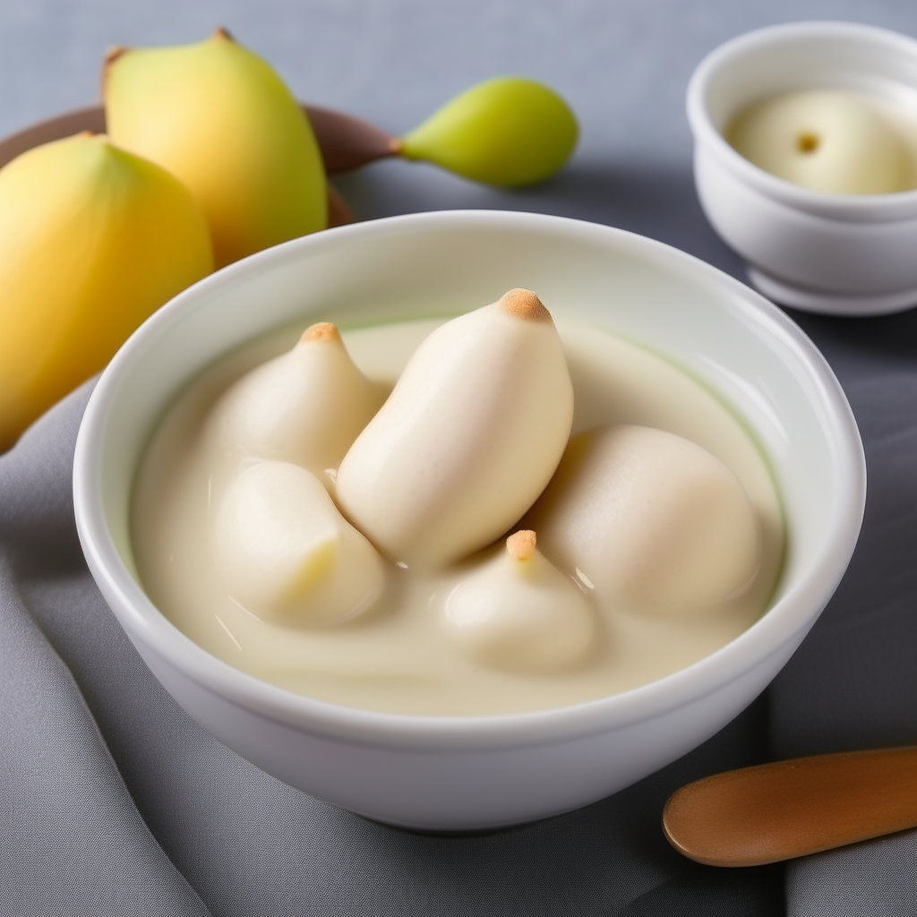 A bowl of creamy pear puree, suitable for babies, with small chunks of soft pear in a creamy white sauce