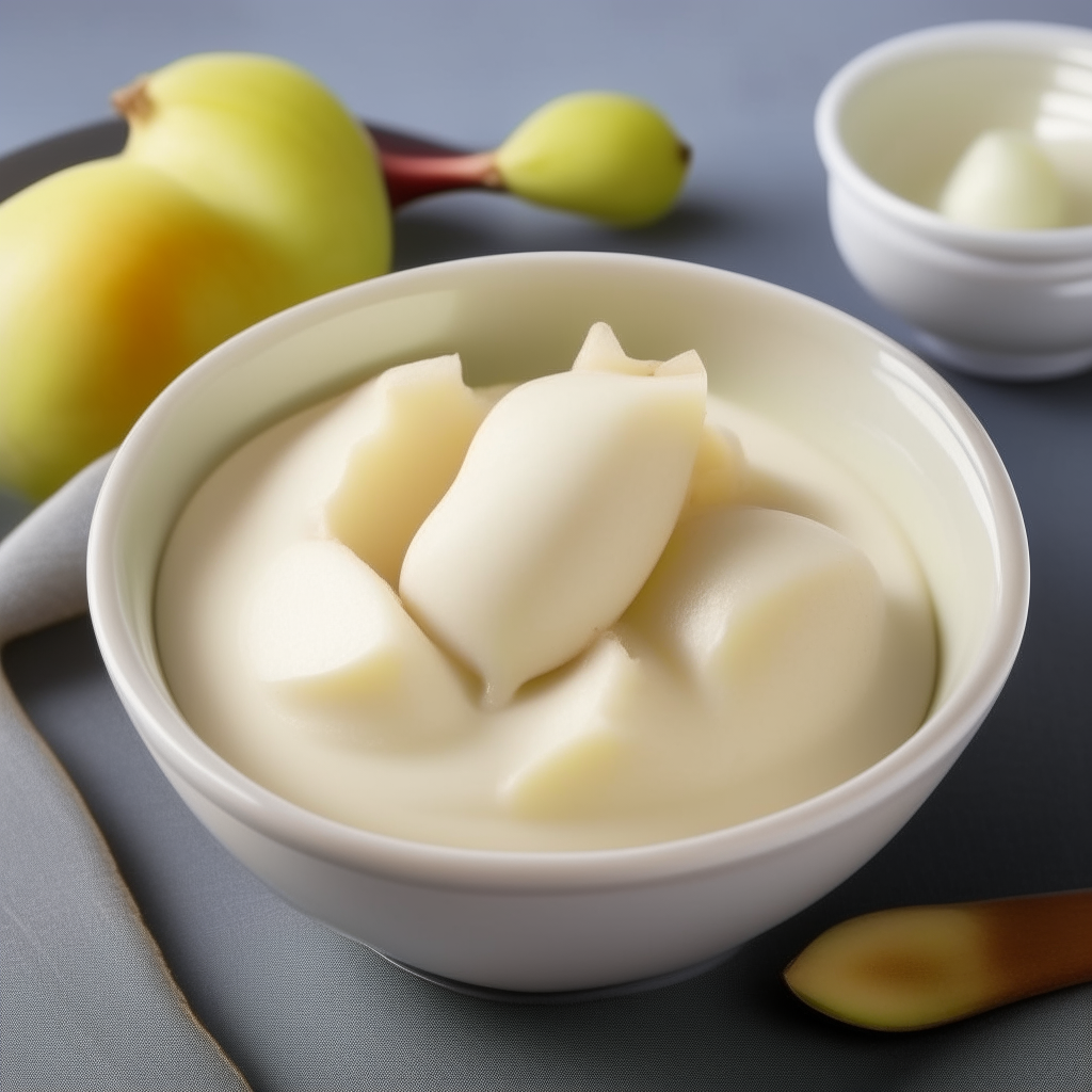 A bowl of smooth, creamy, white pear baby puree, with no lumps or pear chunks