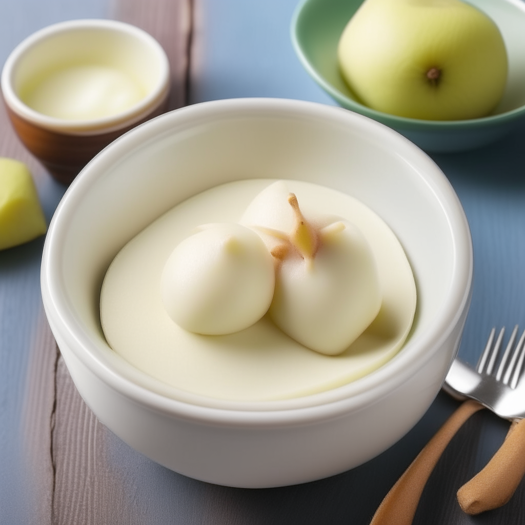 A bowl of smooth, creamy, white pear baby puree, no lumps or chunks, suitable for babies