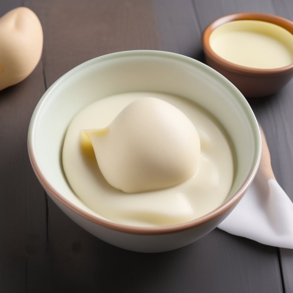 A bowl of creamy white pear puree, smooth and lump-free, suitable for babies