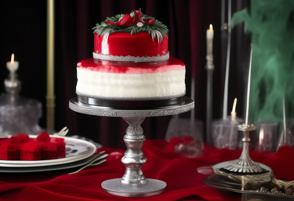 A side view of a tall, vibrant red velvet cake with cream layers on a crystal pedestal. Silver cake servers lay beside it. Softly blurred black and white vintage vaudeville photos are in the background.