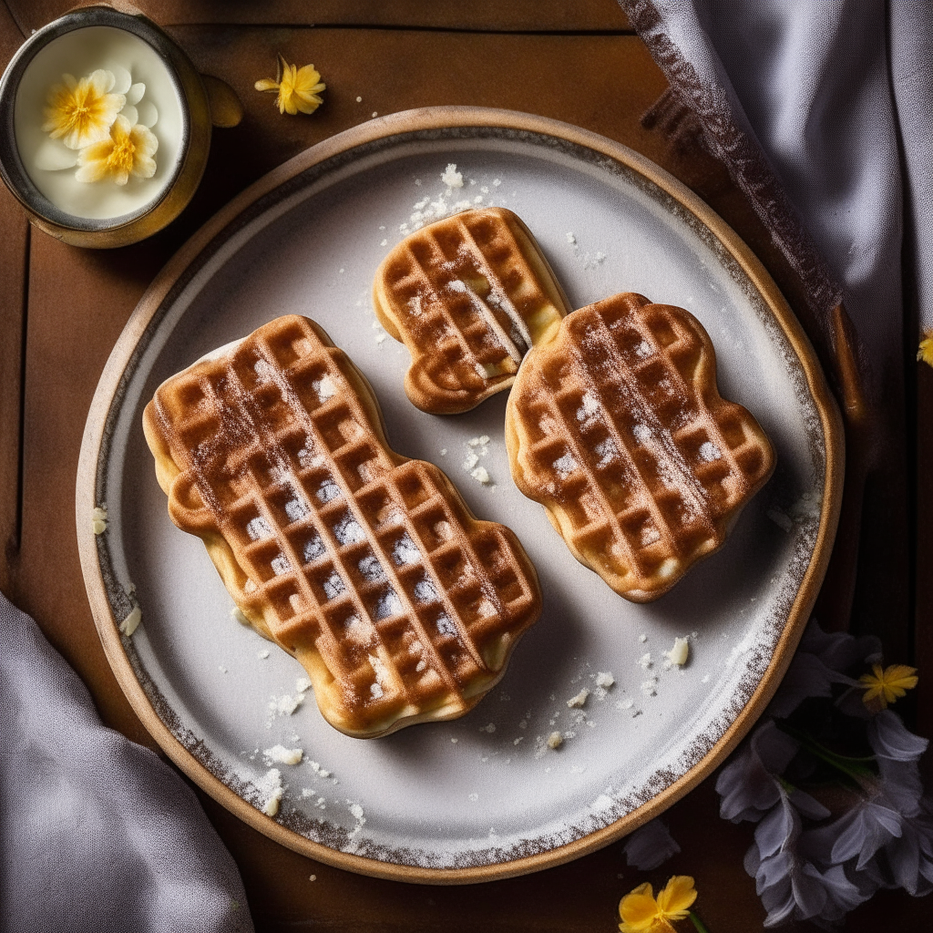 Overhead view of golden brown waffles dusted with powdered sugar on an old floral ceramic plate. Syrup drizzles and butter pats are visible atop the waffles on a worn wooden table.