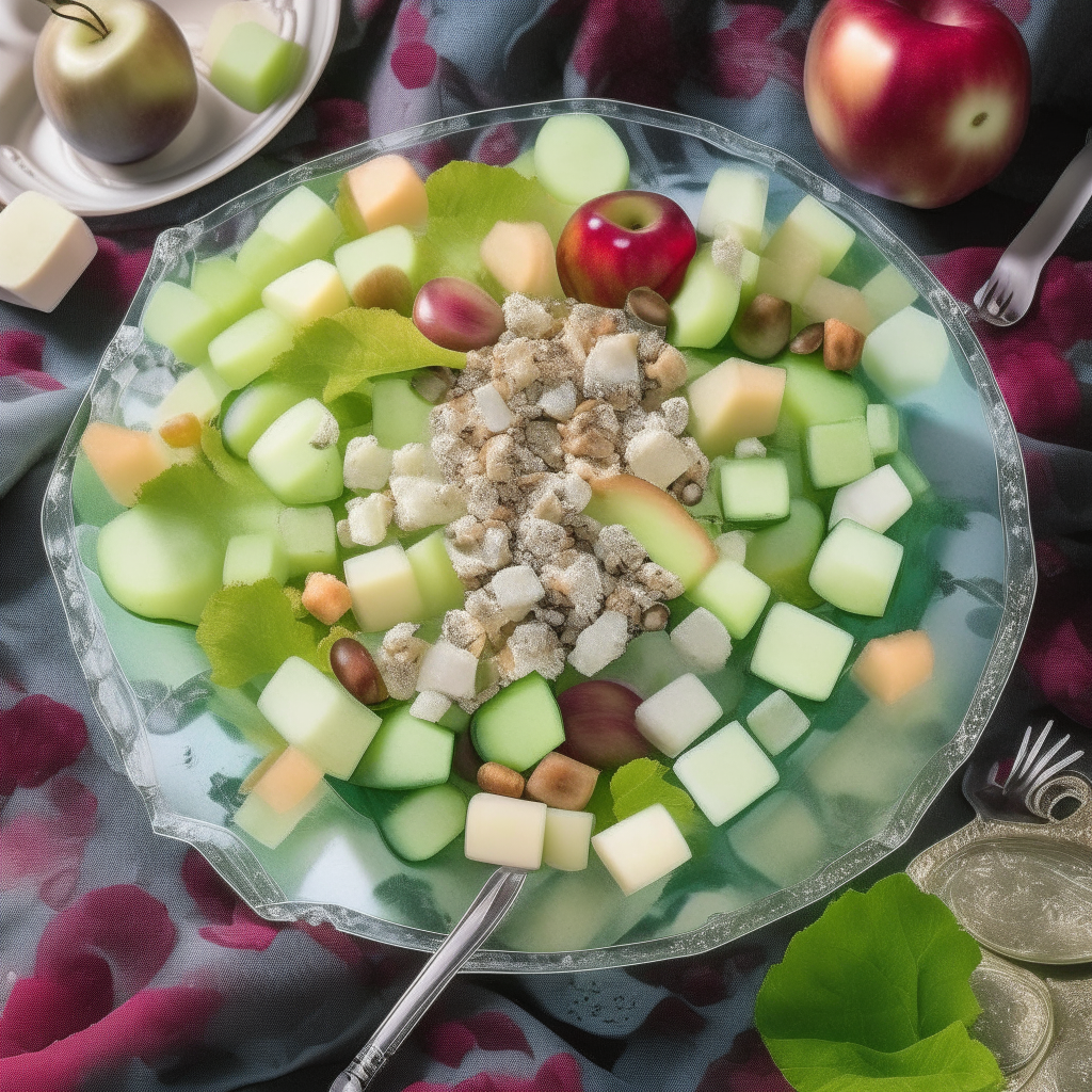 An overhead shot of a vibrantly colored Waldorf salad on a crystal clear plate atop a white tablecloth. There are apples, celery, walnuts and mayonnaise dressing. Glimpses of silver cutlery and crystal goblets in the background.