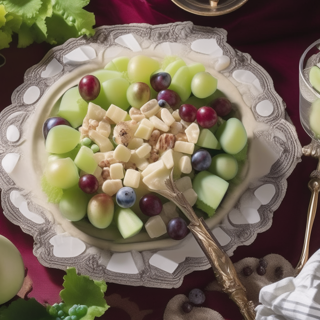 An overhead shot of a Waldorf salad on a clear plate on a white tablecloth. There are red apples, grapes, celery, walnuts and mayonnaise dressing. Vintage silver cutlery and crystal goblets are in the background.