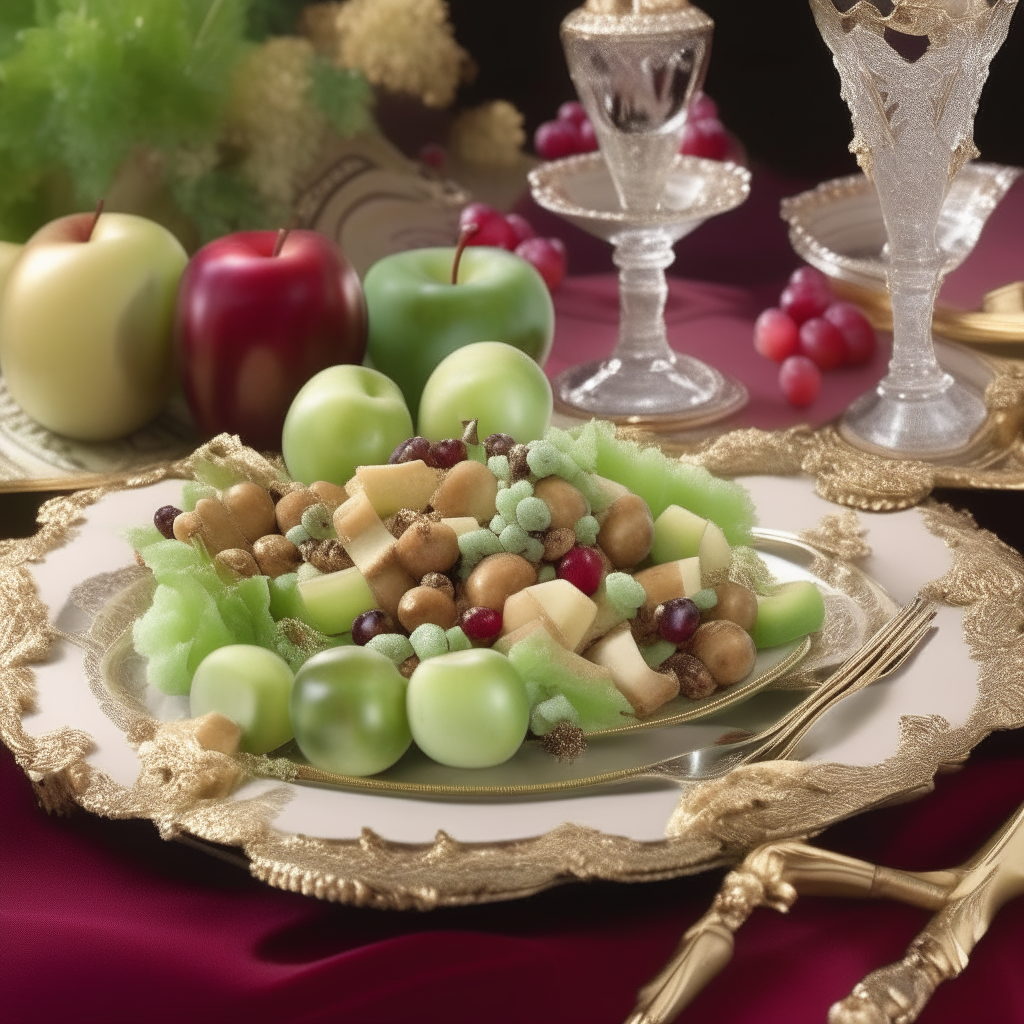 A close up view of a gilded plate holding a Waldorf salad on an elegantly set table. There are diced red apples, grapes, celery, walnuts and creamy mayonnaise dressing. Crystal champagne flutes and ornate silverware surround the plate.