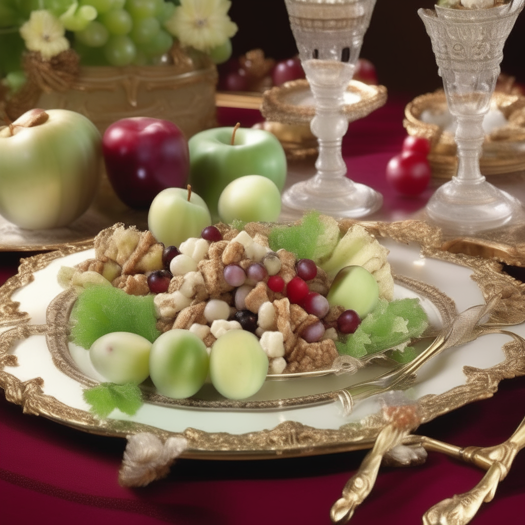 A close up view of a gilded plate holding a Waldorf salad on an elegantly set table. There are diced red apples, grapes, celery, walnuts and creamy mayonnaise dressing. The crystal champagne flutes on the right are no longer broken.