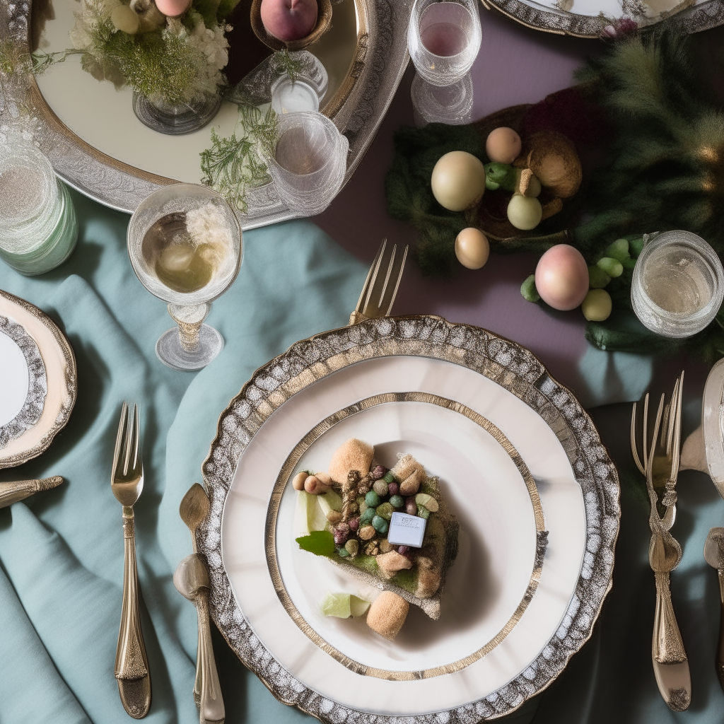 An overhead view of a decadent table set with a plate holding a Waldorf salad, crystal champagne flutes and ornate silverware.