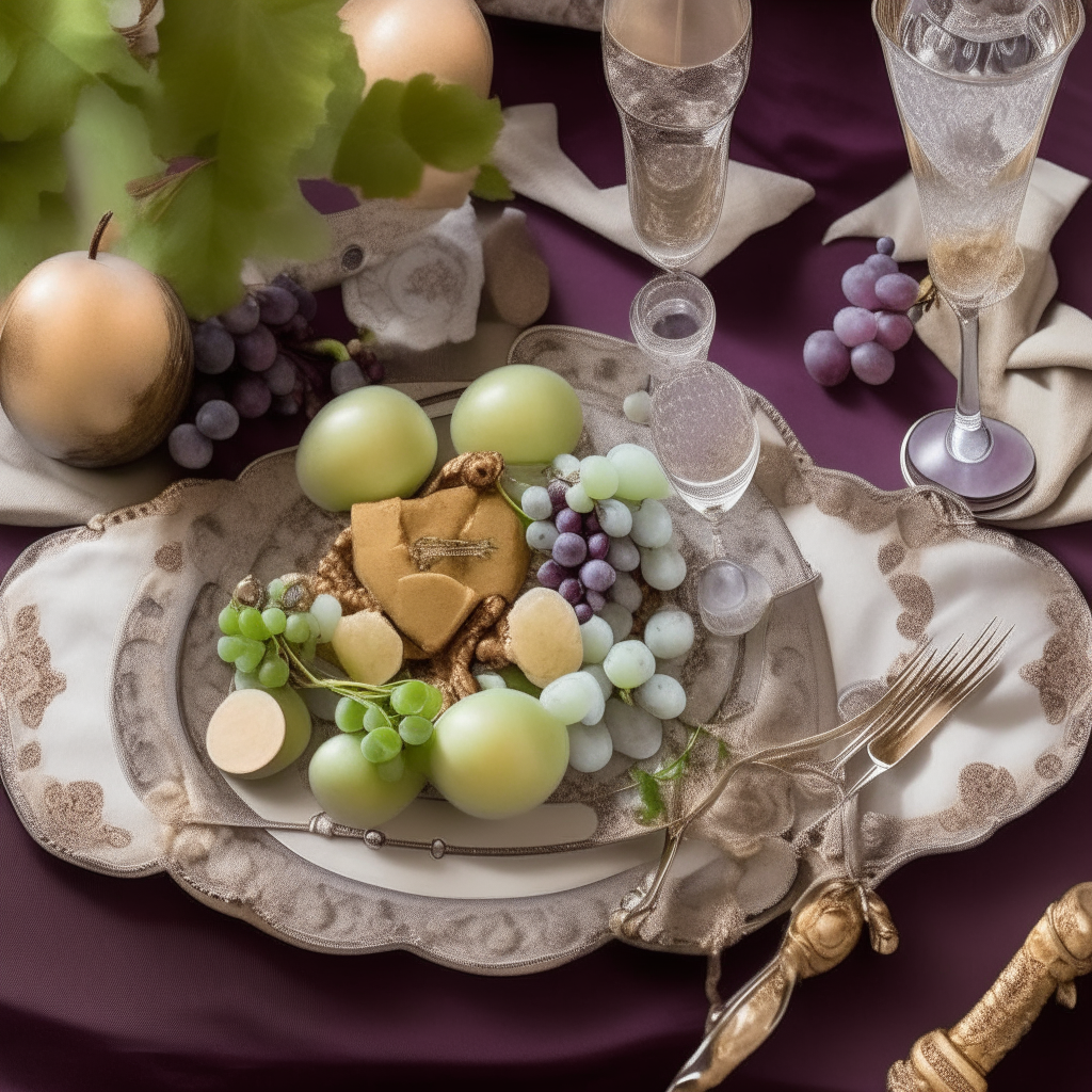 An overhead view of a decadent table set with a plate holding a Waldorf salad with small halved grapes, crystal champagne flutes and ornate silverware.