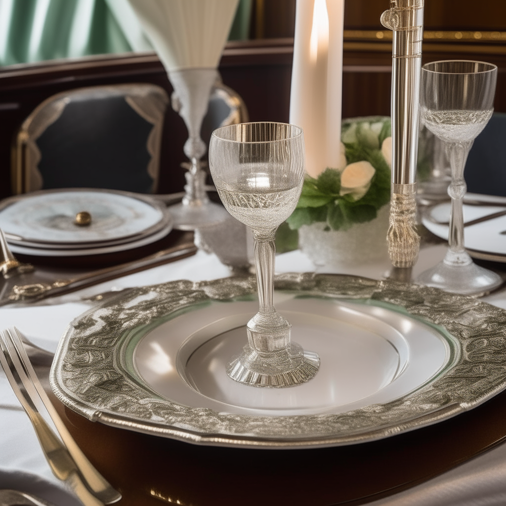 A close up view of an elegant table inside the Titanic set with a plate holding a Waldorf salad, crystal champagne flutes and ornate silverware.