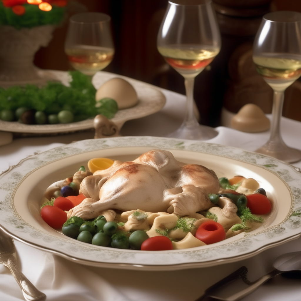 An ornate porcelain dish holding Chicken a la King on an elegant table set with cutlery and wine glasses. The creamy sauce has chicken, peppers, mushrooms and peas.