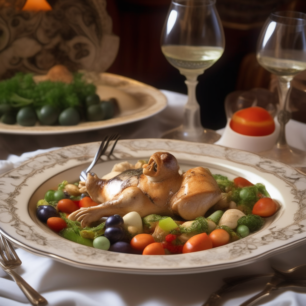 An ornate porcelain dish holding Chicken a la King with natural looking chicken, peppers, mushrooms and peas on an elegant table set with cutlery and wine glasses.