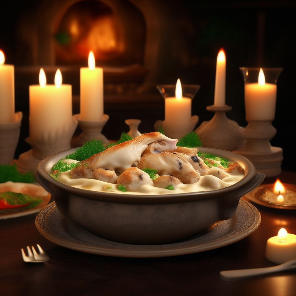 An ornate porcelain bowl filled with creamy chicken a la king sauce, chicken, mushrooms, peppers, peas, and toast triangles in a candlelit dining room. extremely detailed and photorealistic