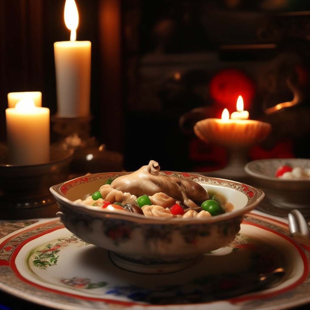 A porcelain bowl filled with chicken a la king sauce, chicken, mushrooms, peas, peppers in an ornate dining room illuminated by candlelight.