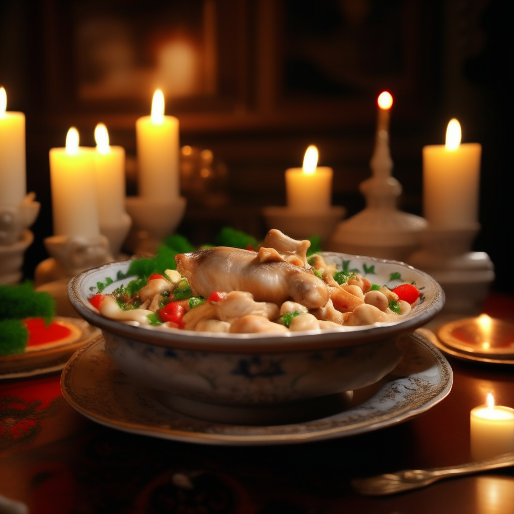 A porcelain bowl filled with chicken a la king sauce and very small diced pieces of chicken, mushrooms, peas, peppers in an ornate dining room illuminated by candlelight.