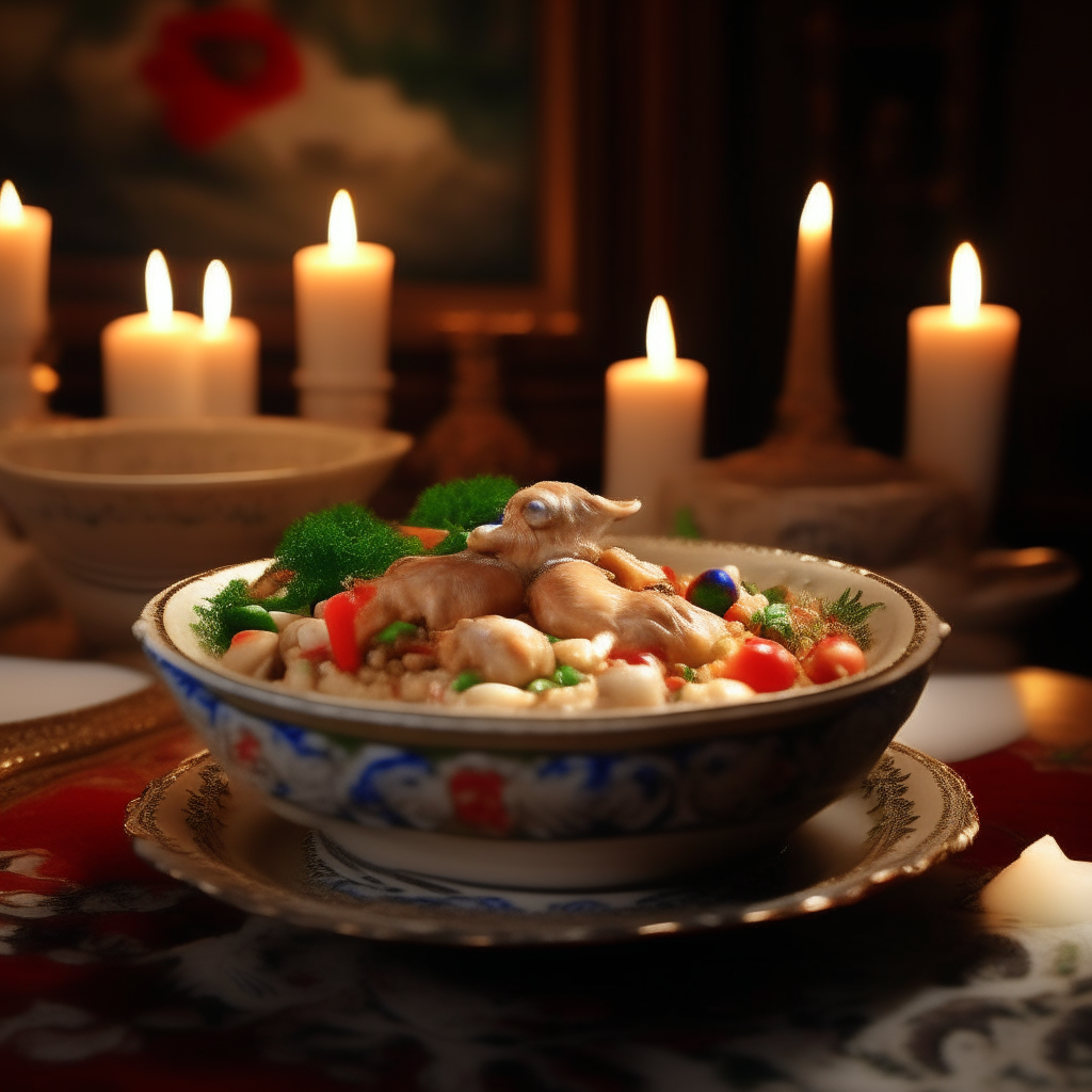 A porcelain bowl filled with chicken a la king sauce and tiny diced pieces of chicken, mushrooms, peas, peppers in an ornate dining room illuminated by candlelight.