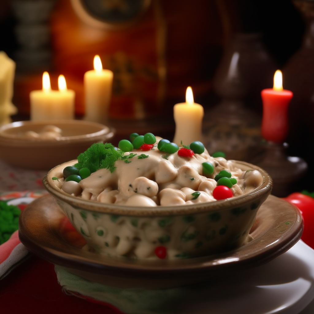 A porcelain bowl filled with very creamy, velvety chicken a la king sauce enveloping tiny chicken pieces, mushrooms, peas, peppers in an ornate dining room.