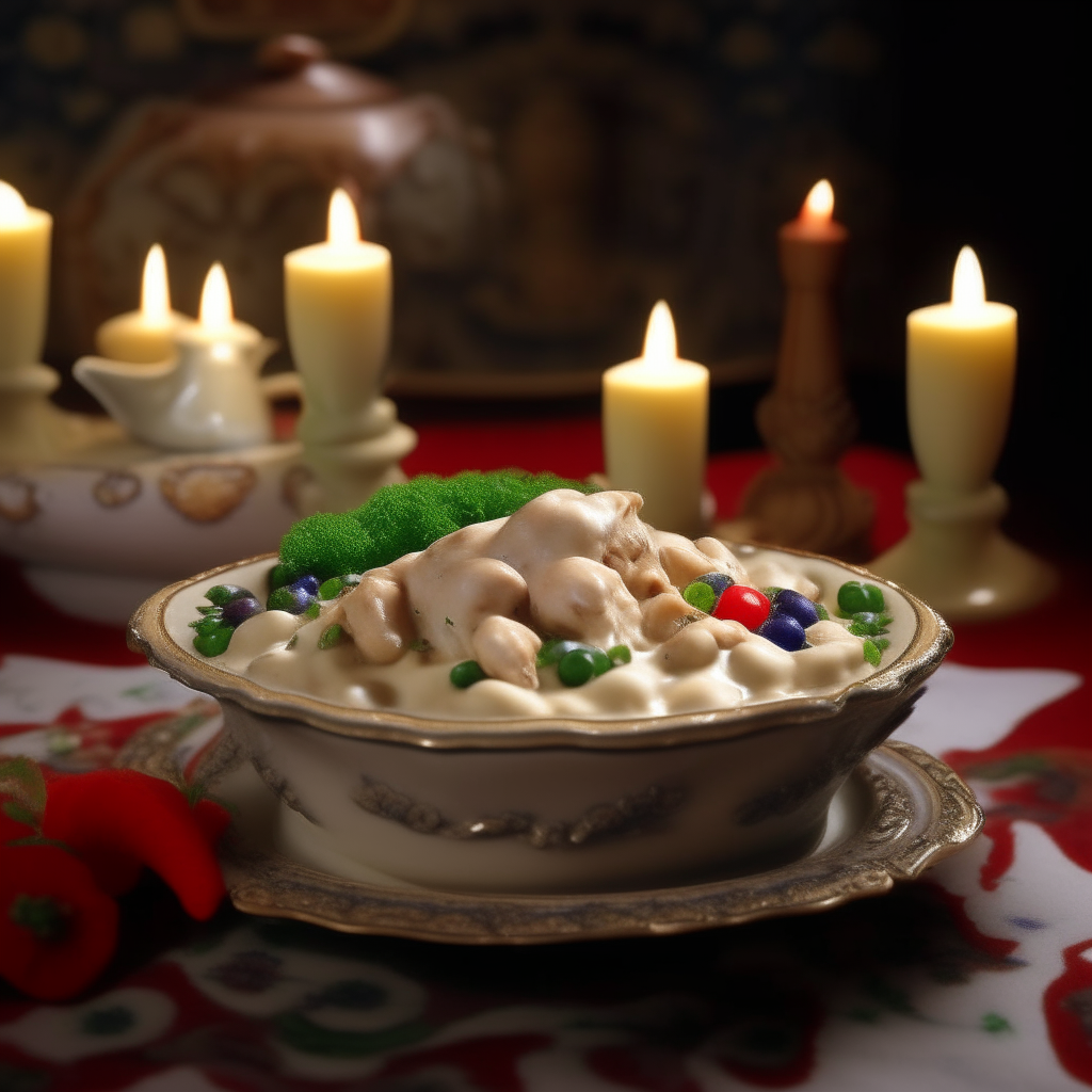 A porcelain bowl filled with creamy, velvety chicken a la king sauce enveloping tiny chicken pieces, mushrooms, peas, peppers in an ornate dining room. The shape of the porcelain plate stays the same.