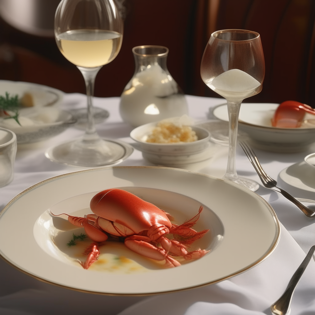 A white porcelain bowl filled with lobster newburg, lobster chunks, creamy egg sauce, sherry, cognac, cayenne and nutmeg on an elegant table set with silverware and crystal glasses in an early 20th century style.