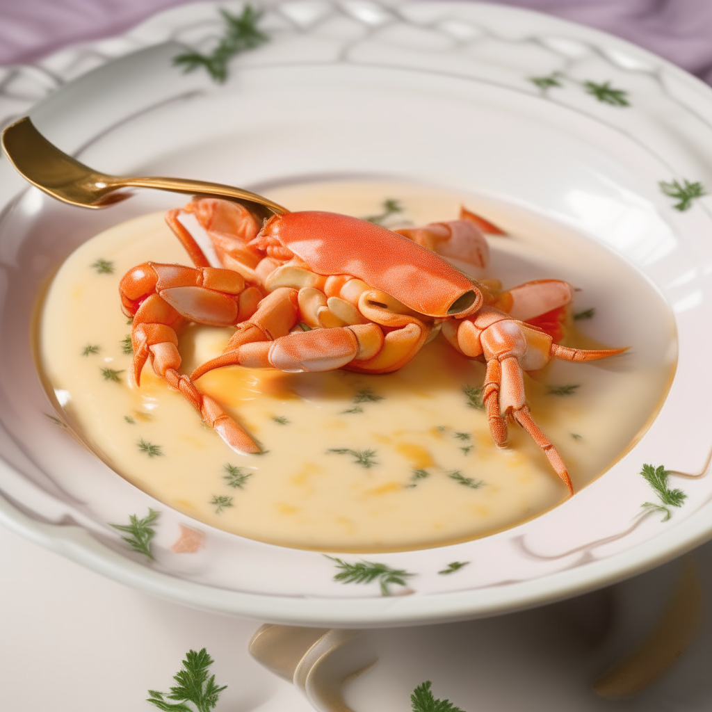 A white porcelain bowl with gold trim filled with lobster newburg. There are pink and white lobster chunks coated in a creamy orange brandy sauce with cayenne and nutmeg specks. The bowl sits on an ornate silver platter with a spoon.