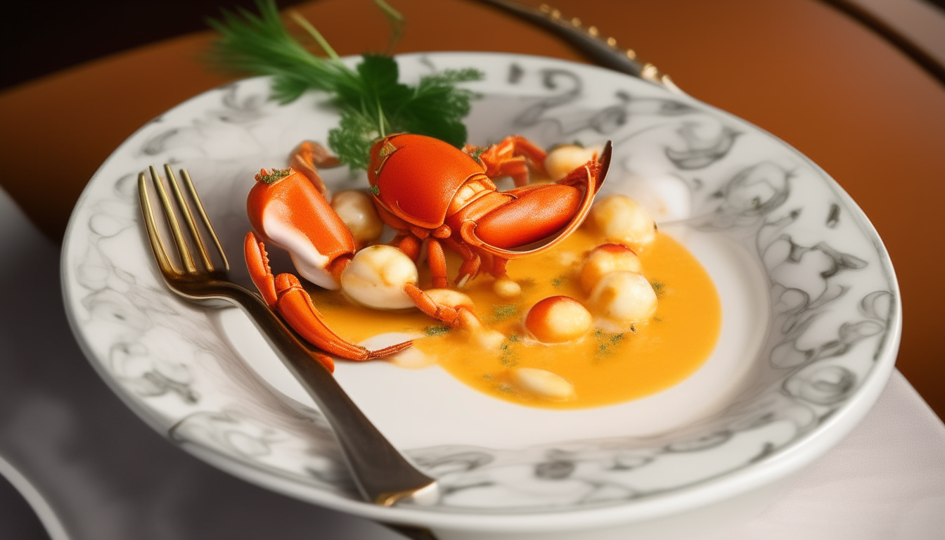 A white porcelain bowl with gold trim filled with lobster chunks in creamy orange sauce, cayenne, nutmeg on an ornate silver platter with a spoon.