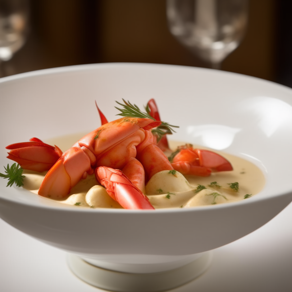 A white porcelain bowl filled with chunks of lobster meat in a creamy brandy sauce garnished with spices, served on an elegant table setting