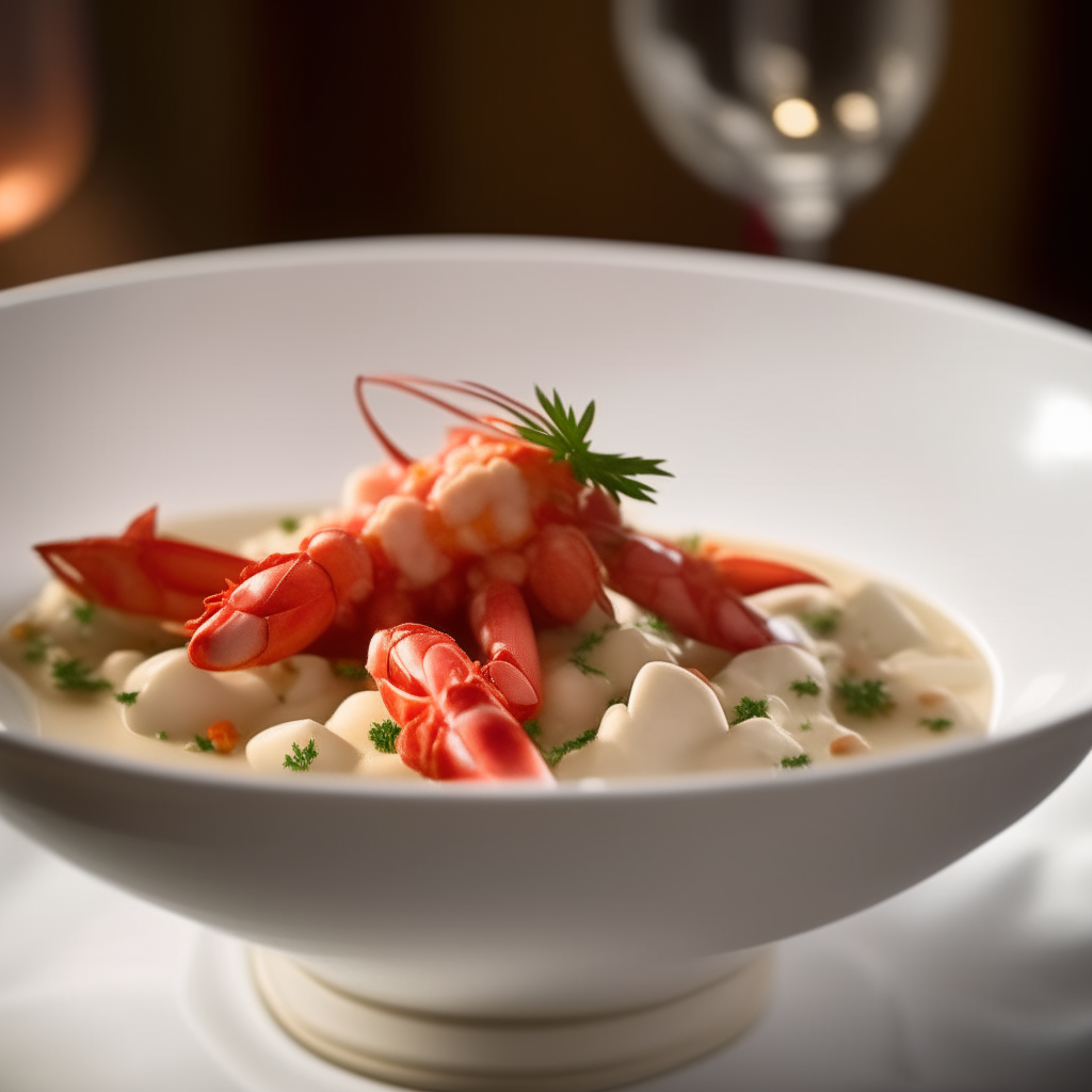 A white porcelain bowl filled with a creamy brandy sauce mixed with over 50 small diced pieces of lobster meat, garnished with spices, served on an elegant table setting