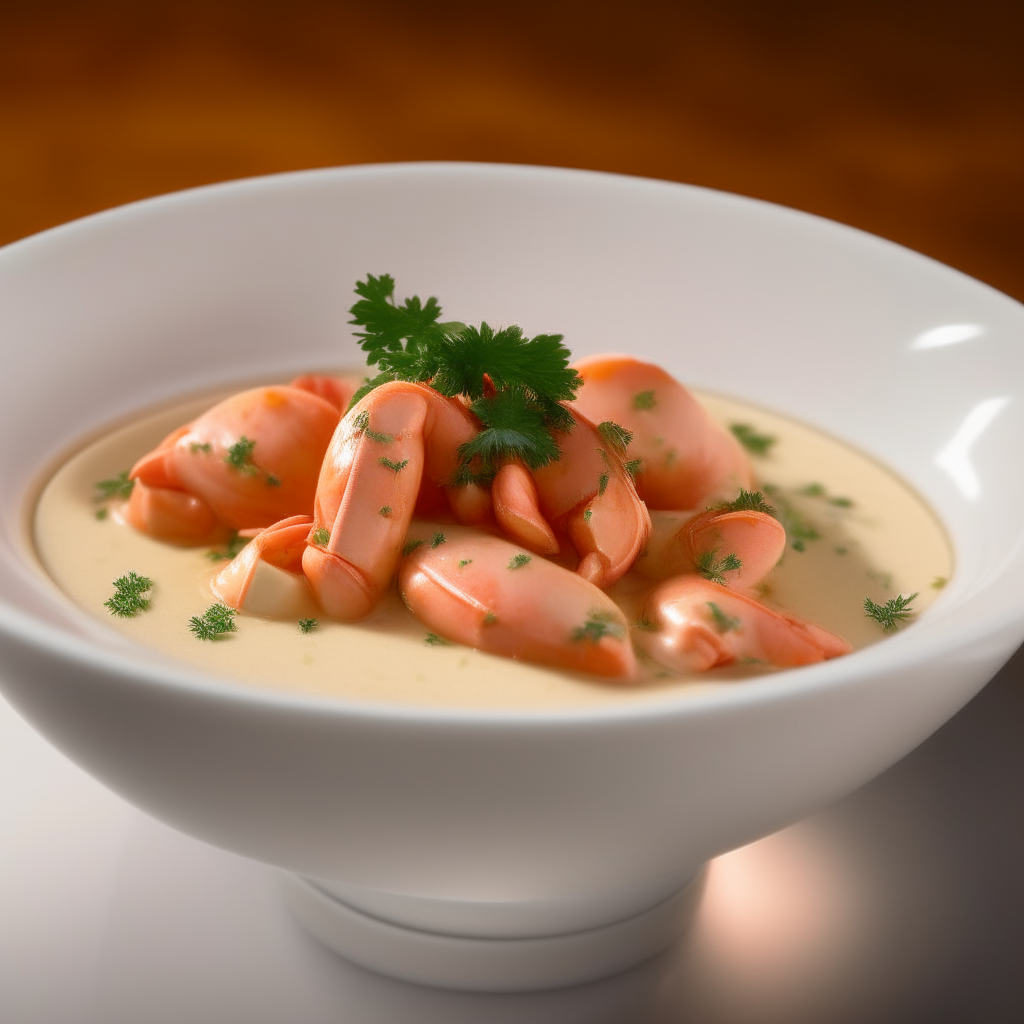 A white porcelain bowl filled with chunks of lobster meat coated in a creamy cognac sauce, garnished with parsley