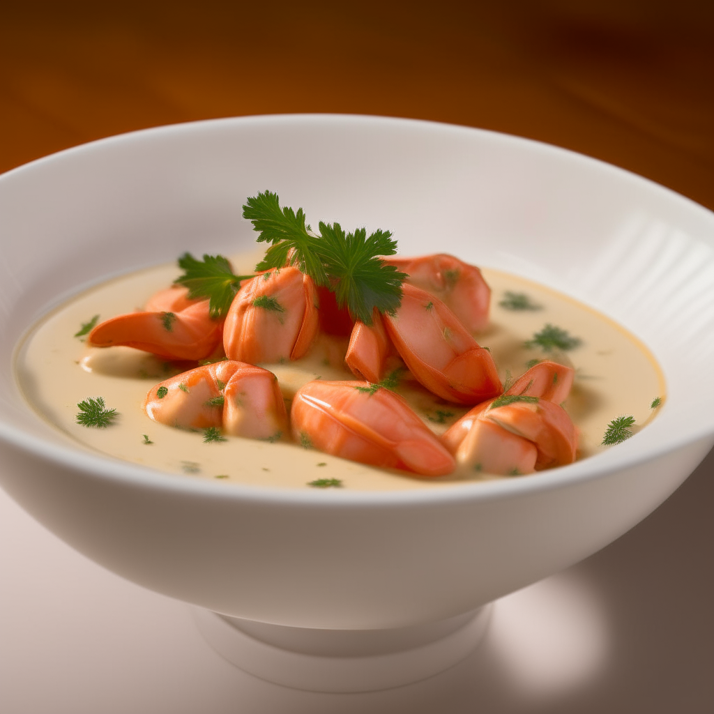 A white porcelain bowl filled with chunks of lobster meat in a creamy cognac sauce, no shell, garnished with parsley