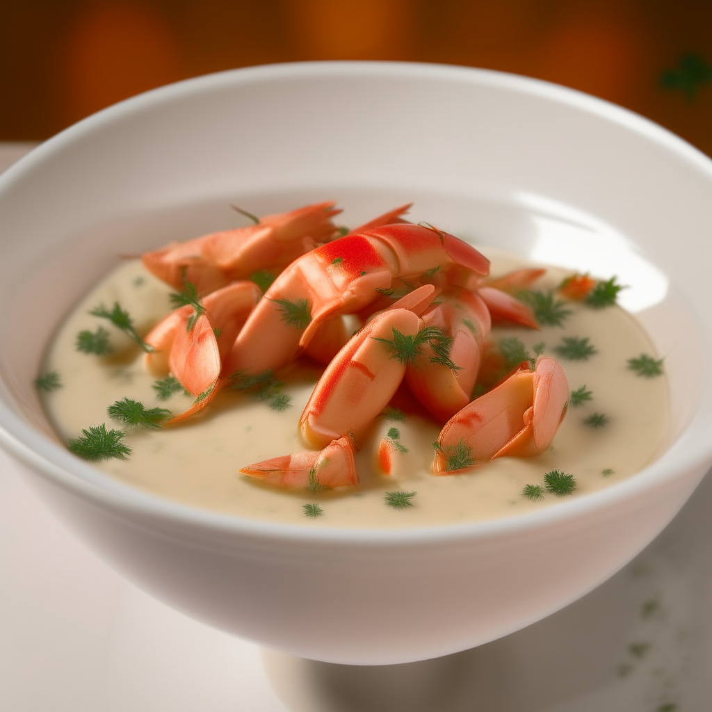 A white porcelain bowl filled with chunks of lobster meat in a creamy cognac sauce, garnished with parsley