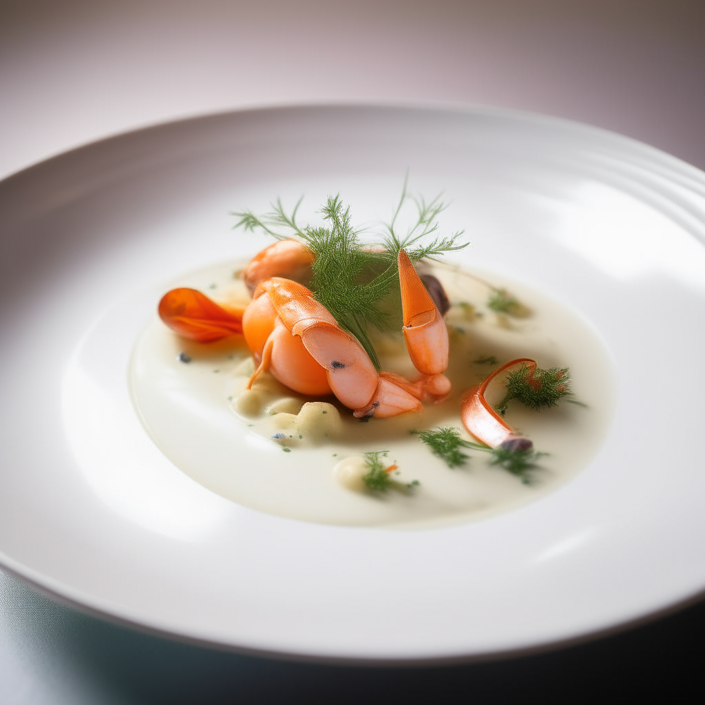 A white ceramic plate with a creamy seafood dish garnished with herbs, served at a restaurant table